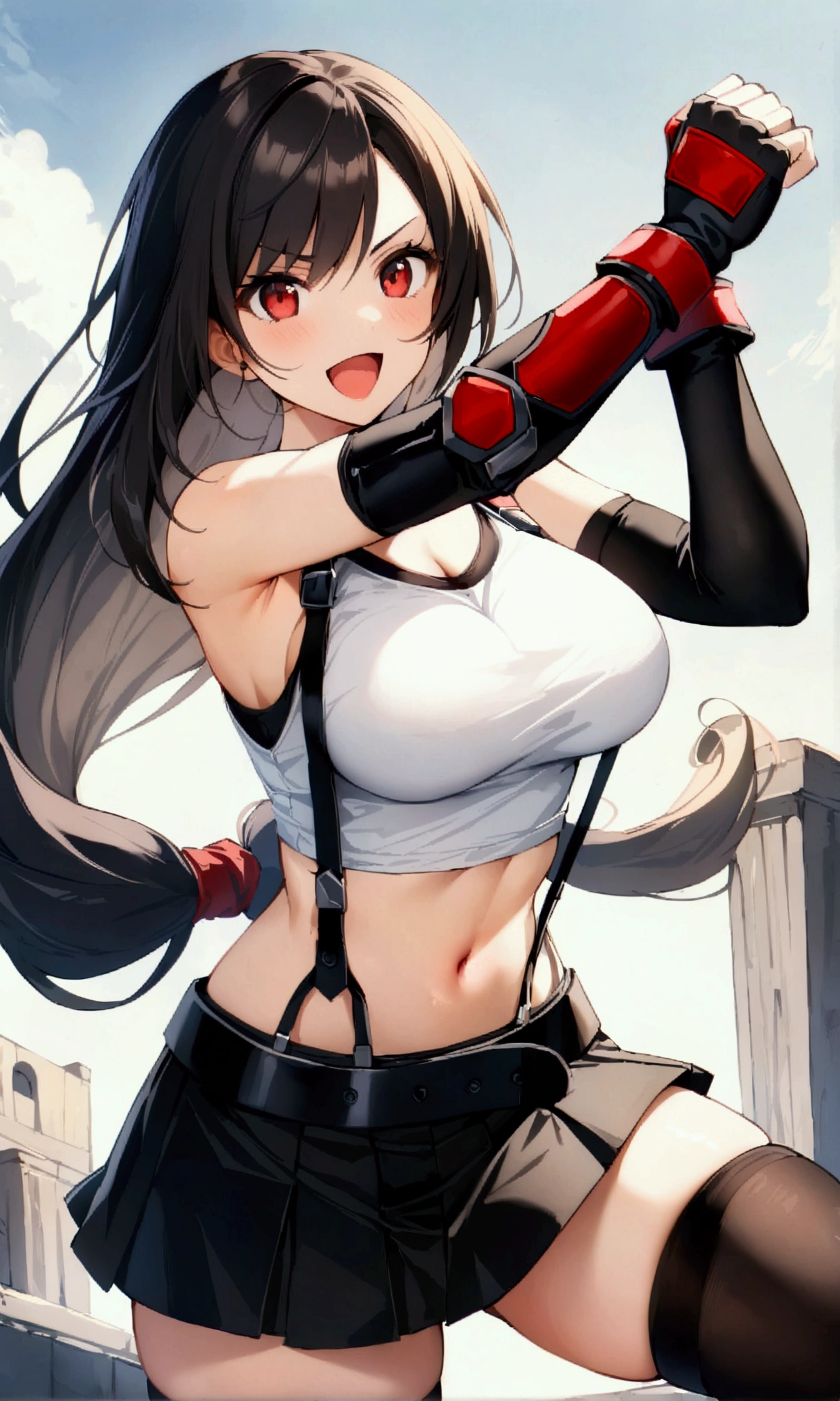 (score_9, score_8_up, score_7_up), BREAK  (masterpeace),(best quality),(aesthetic,very aesthetic),(highly detailed),1girl, tifa lockhart, final fantasy,(beautiful). black hair, low-tied long hair, red eyes, bangs, white tank top, belt, pleated skirt, thighhighs, elbow fingerless gloves, elbow pads, midriff, navel,suspender skirt.zettai ryouiki,large_breasts,gap,Solo,cowboy shot, vibrant, joyful,outdoor,(fighting stance:1.2),fist,navel focus