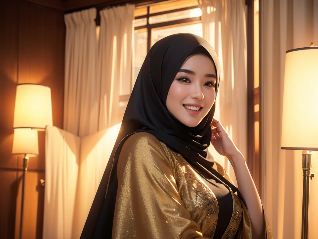 1girl, gorgeous Indonesian woman, silk abaya, hijab, smiling, shy, opened mouth, visible teeth, hot mom, full body portrait, (best quality,4k,8k,highres,masterpiece:1.2),ultra-detailed,(realistic,photorealistic,photo-realistic:1.37),HDR,UHD,studio lighting,ultra-fine painting,sharp focus,physically-based rendering,extreme detail description,professional,vivid colors,bokeh,portraits,warm color tones,dramatic lighting