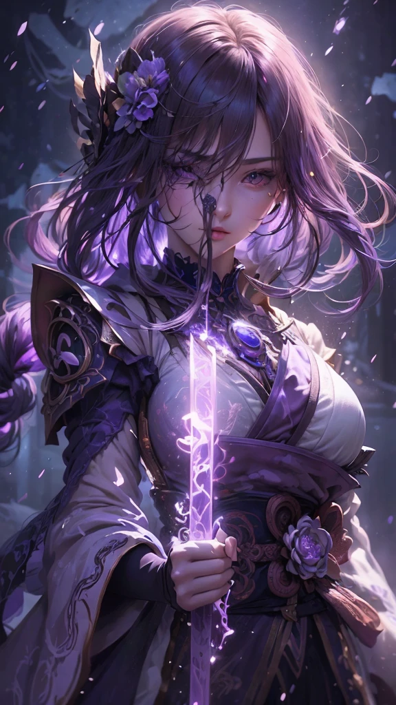 (ultra realisic), (illustratio), (Resolution Enhancement), (8K), (A highly detailed), (The best illustrations), (beautiful-detailed eyes), (Top  Quality), (A highly detailed), (​masterpiece), (wall paper), (Detailed face), Solo, 1 Girl,fine details ,purple eyes,dark purple hair