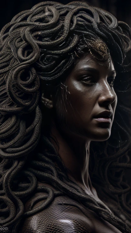 a gorgon medusa, mythical snake-haired monster, detailed snake hair, evil glaring eyes, sharp fangs, clenched teeth, intense gaze, powerful expression, stone-cold skin, gray scale, chiaroscuro lighting, dark moody atmosphere, cinematic dramatic lighting, (best quality,4k,8k,highres,masterpiece:1.2),ultra-detailed,(realistic,photorealistic,photo-realistic:1.37)