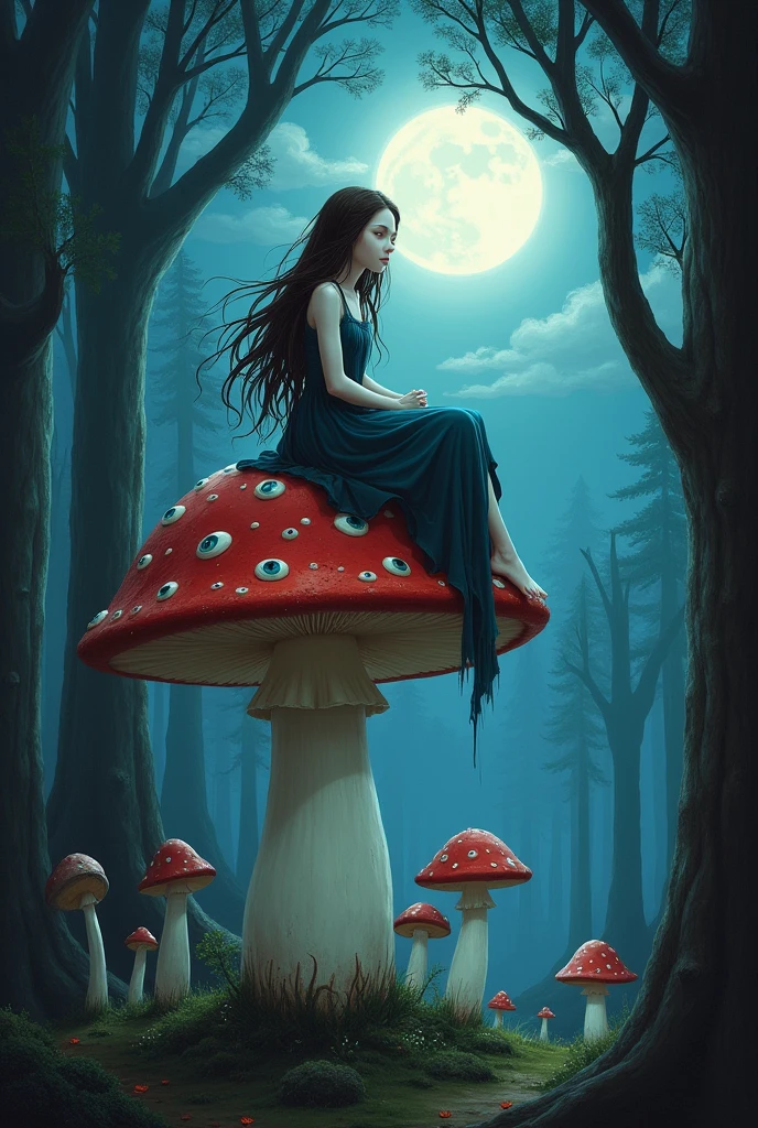 Create an image of a white-skinned fairy with long hair, smooth and chocolate in color She should wear a simple blue-black dress The fairy should be sitting on a large mushroom with a red head and full of human eyes scattered around it The background should be pine trees and trees with some mushrooms It should be night with the full moon appearing The tones should be cool