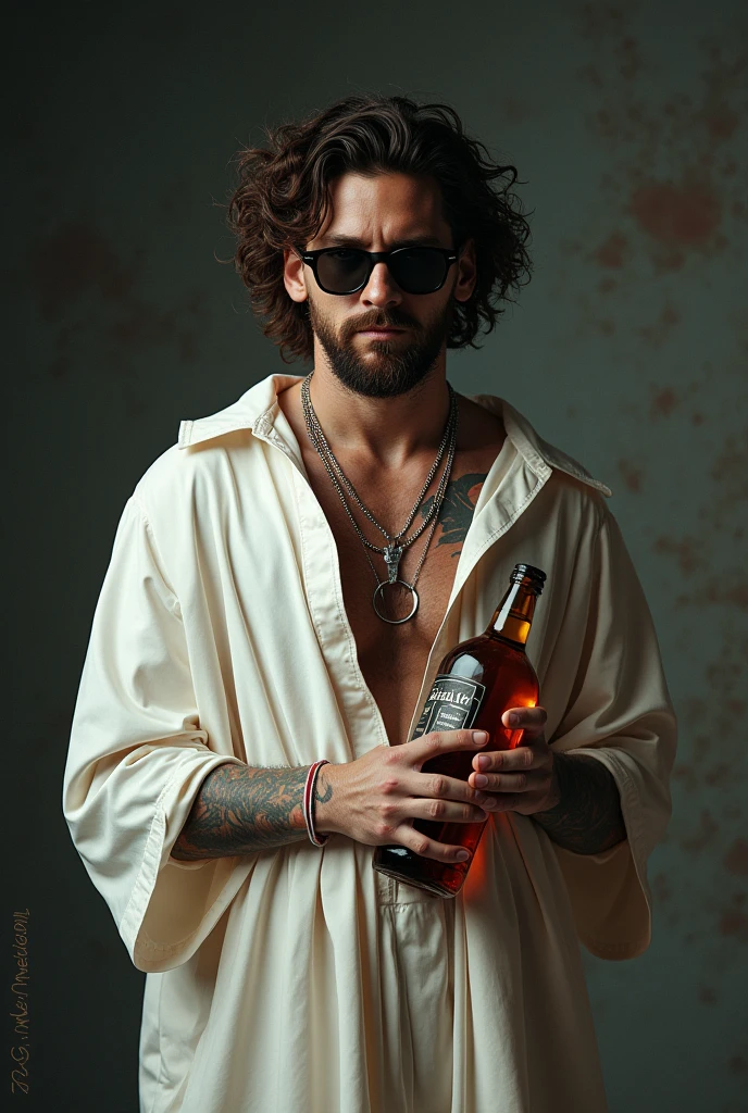 Messi ii wearing sunglass drinking alcohol in a bottle like a gangster wearing white dress. His hair must be long.