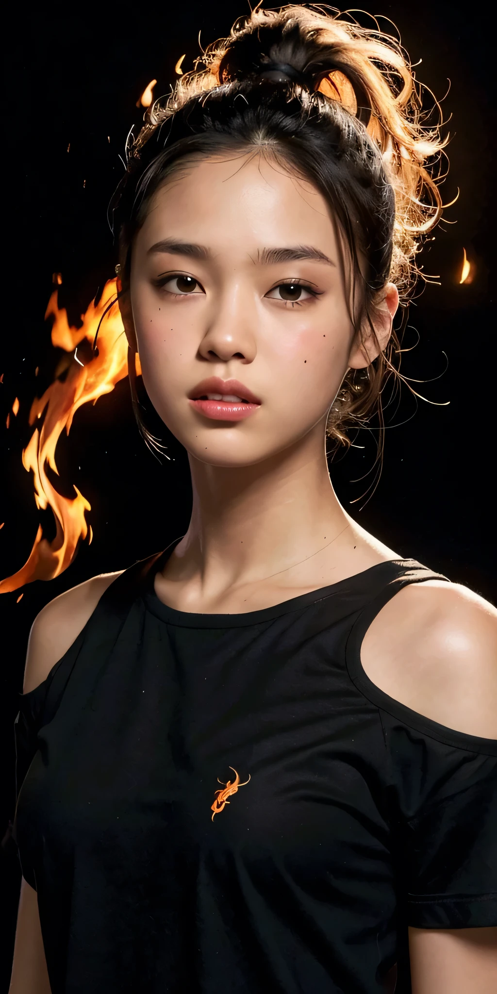 a girl's sloppy appearance mulatto with ponytail black hair, fire, black T-shirt, flames, elegant, digital painting, concept art, sharp focus, illustration  