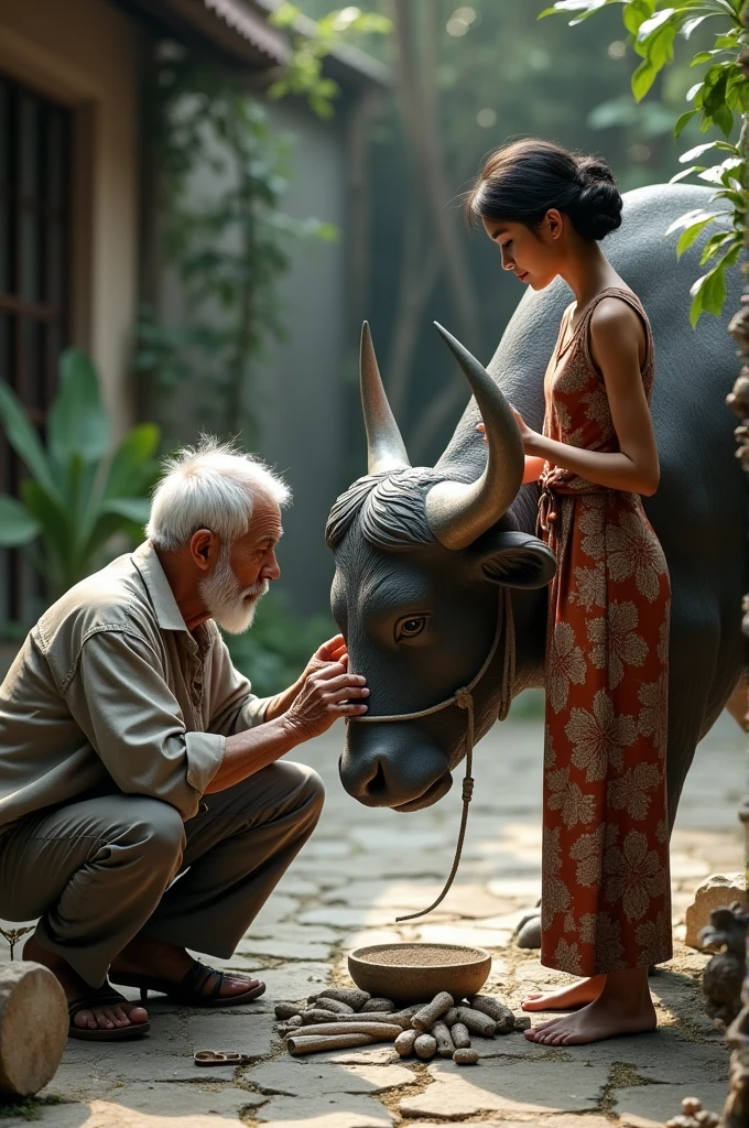 and old man, squating, adding some finishing touches sculpting a life-sized buffalo statue with a young lady beside her in a sarong kebaya