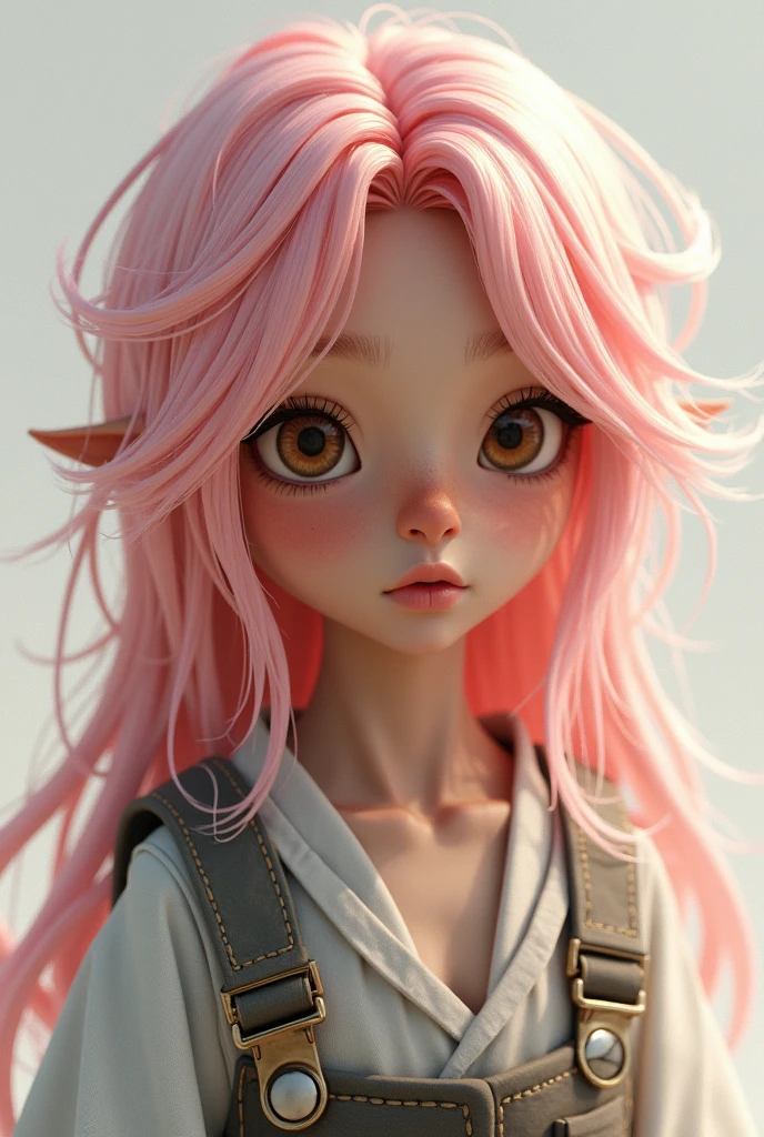 short boy, something feminine with long pink hair and glasses. His skin is a dark color and his eyes are somewhat large and brown.. Have normal but combinable clothes.