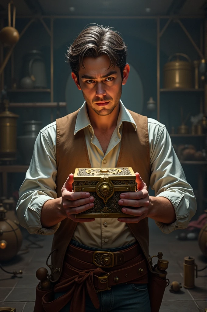 an engineer holding the pandora’s box in his hand attempting to open it