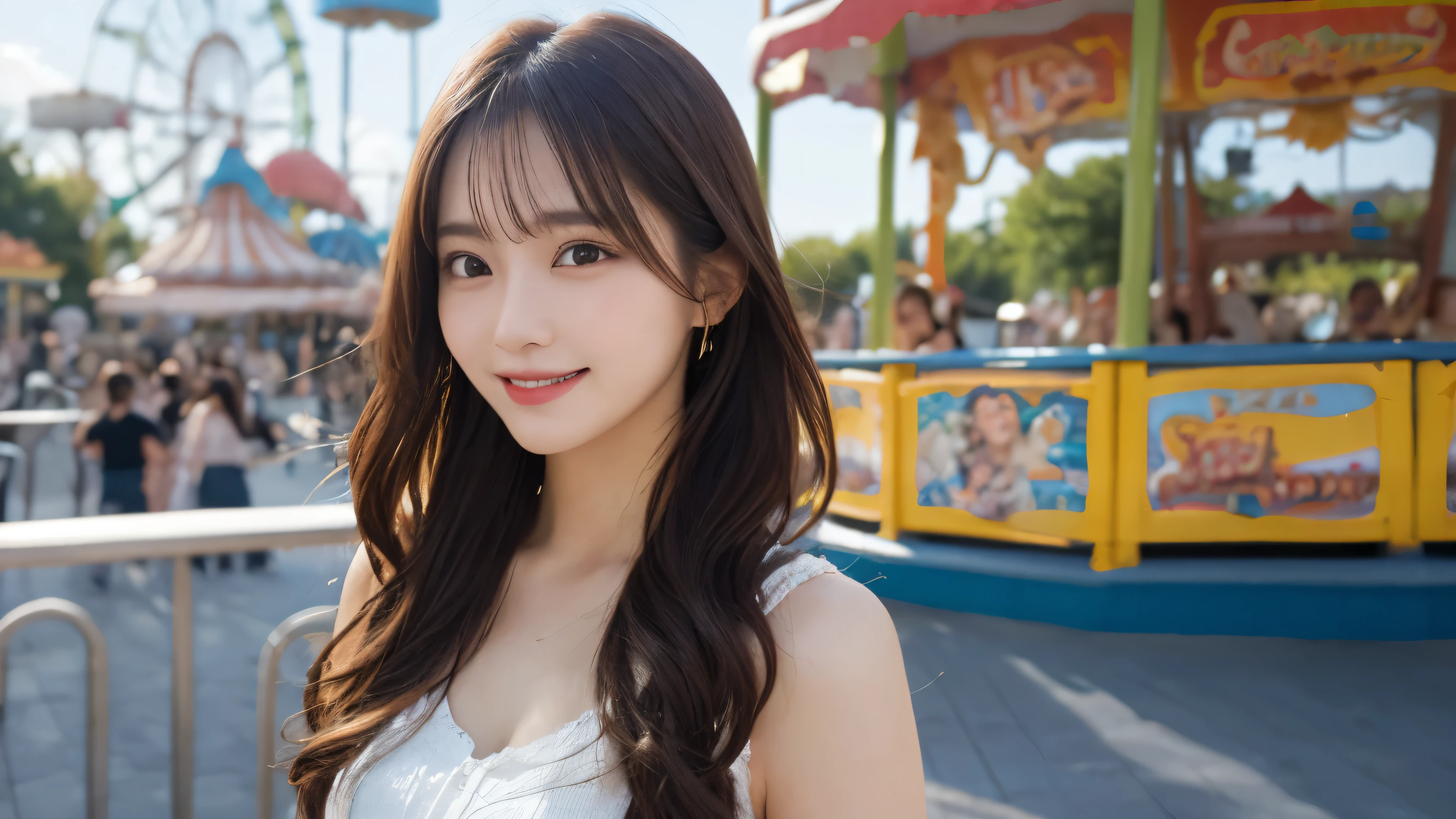  Highest quality, figure, Super detailed, In detail, High resolution, 8k wallpaper, Perfect dynamic composition, Beautiful attention to detail, Medium chest, Natural color lip, Random sexy poses,smile,、1 girl、Beaver,Long Hairstyles,amusement park