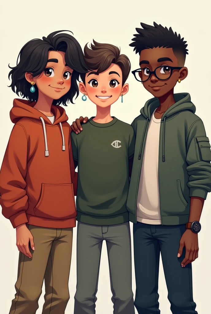 3 boys, first one had latin american skin tone and the second had pale skin tone and the third had dark african skin tone, first one had shoulder length wavy hair with layers and the second had short straight hair that almost covers his face and the third had a millitary haircut, first one is wearing a maroon hoodie with grey basketball pants and the second is wearing a checkered pattern shirt with long cargo red pants and the third is wearing a greyish red turtle neck with long black jeans, all 3 boys are all 6 feet and 4 inches tall, first one had ear rings and the second had round black reading glasses and the third had a brown wrist watch.