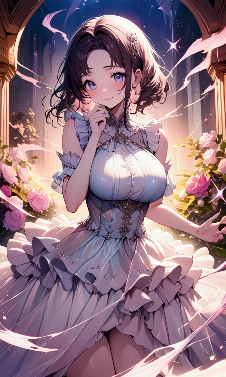 (((masterpiece))),((Highest quality)),one woman,30-year-old woman,Beautiful girl, bangs、Translucent white skin, Sparkling sweat, (Adorable dress with detailed ruffles:1.3)、Japanese girl、 Beautiful digital artwork, Beautiful fantasy art, dynamic sexy poses, A kind smile, A gentle gaze, {A mysterious aura},Big Breasts