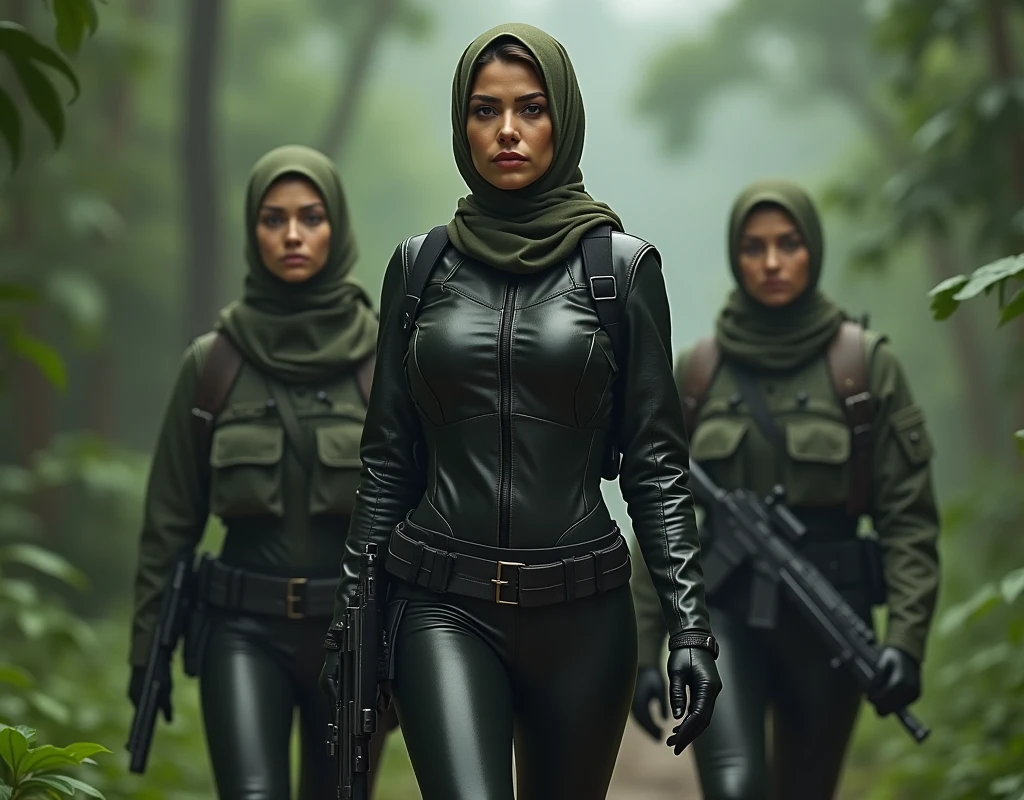 Aishwarya Rai as Russian soldier, wearing wearing leather suit, wearing full face head scarf, wearing gloves, in jungle area, using silenced rifle, distant view, diagonal view, rifle down pose, two female soldiers following,