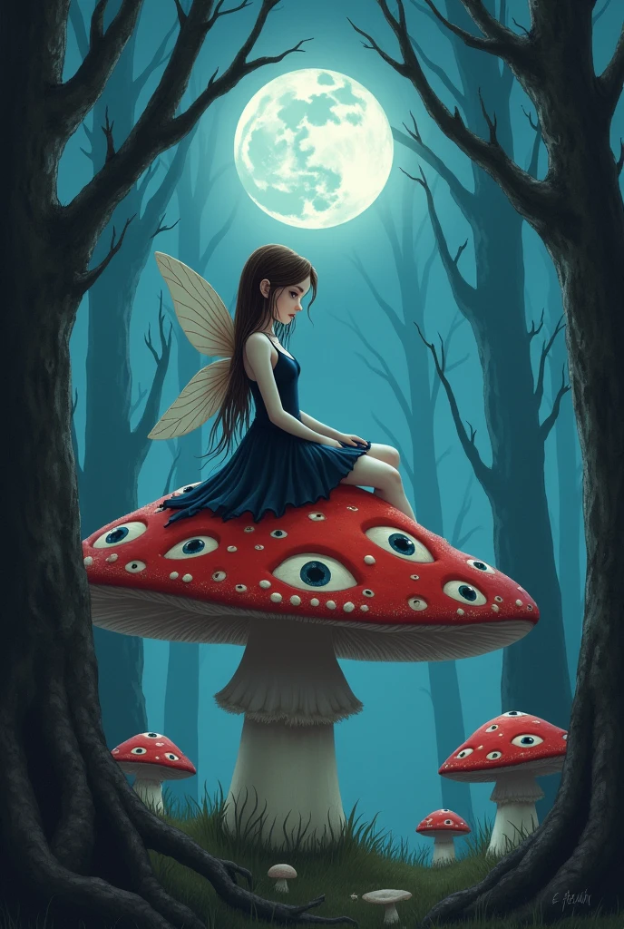 Create an image of a white-skinned fairy with long hair, smooth and chocolate in color She should wear a simple blue-black dress The fairy should be sitting on a large mushroom with a red head and full of human eyes scattered around it The background should be pine trees and trees with some mushrooms It should be night with the full moon appearing The tones should be cool