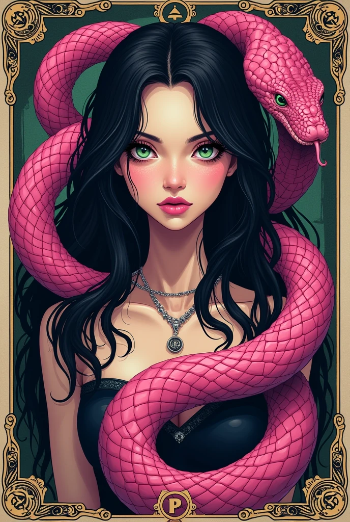 Logo for a business that has the word Profugotattoo with a girl with black hair and green eyes surrounded by a complete pink snake on a tarot card