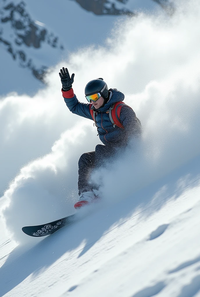 Steep snowy mountain in Alaska、Dynamic powder snow、Legendary Snowboarder、Stylish accessories、Sophisticated photography by mountain photographers、Angulation position with one hand raised、Snow splash in front、The moment when the dynamic powder snow is kicked up、The sound of the shutter rings out、break、Surreal、The sensation of growing wings of fantasy、The silhouettes of translucent wings overlap、Jump into freedom、Drawing beautiful tracks following gravity、Performing alongside artistic powder snow、Cool and energetic movement