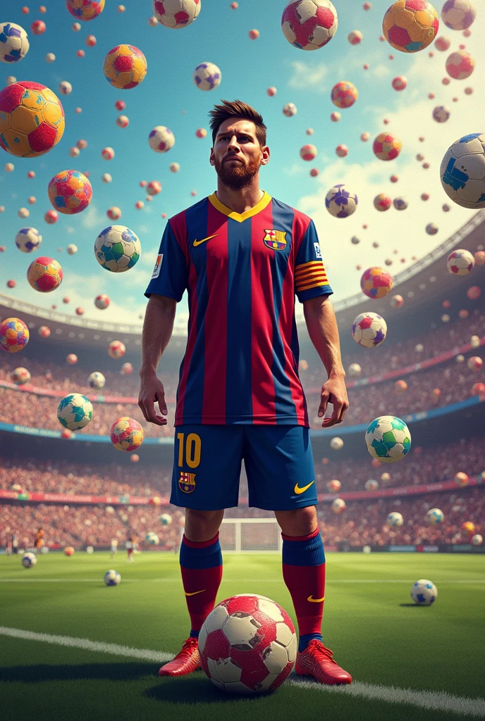 Messi as a football king with a lot of football. Football must be colourful