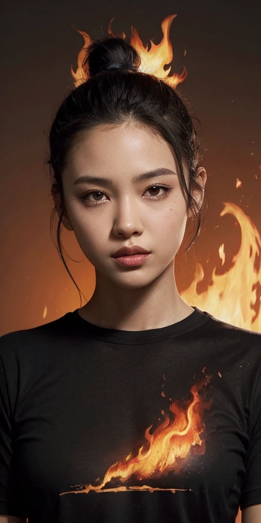 a girl's sloppy appearance mulatto with ponytail black hair, fire, black T-shirt, flames, elegant, digital painting, concept art, sharp focus, illustration  