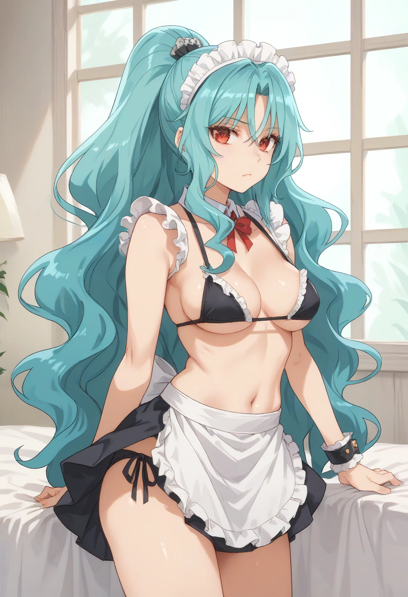 long hair aqua hair ponytail red eyes,((maid bikini)),lean