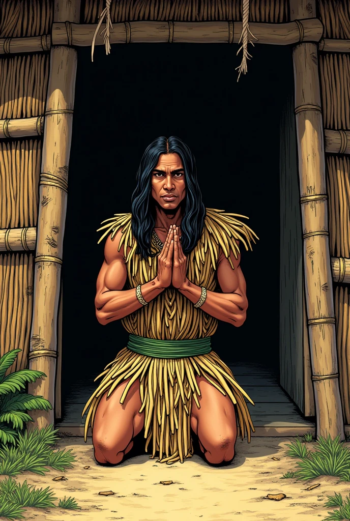 An indigenous man with long straight hair dressed in straw and leaves kneeling down to pray, at the door of his house made of straw and bamboo, comic book style. The colors of the scene are vibrant and quite eye-catching..