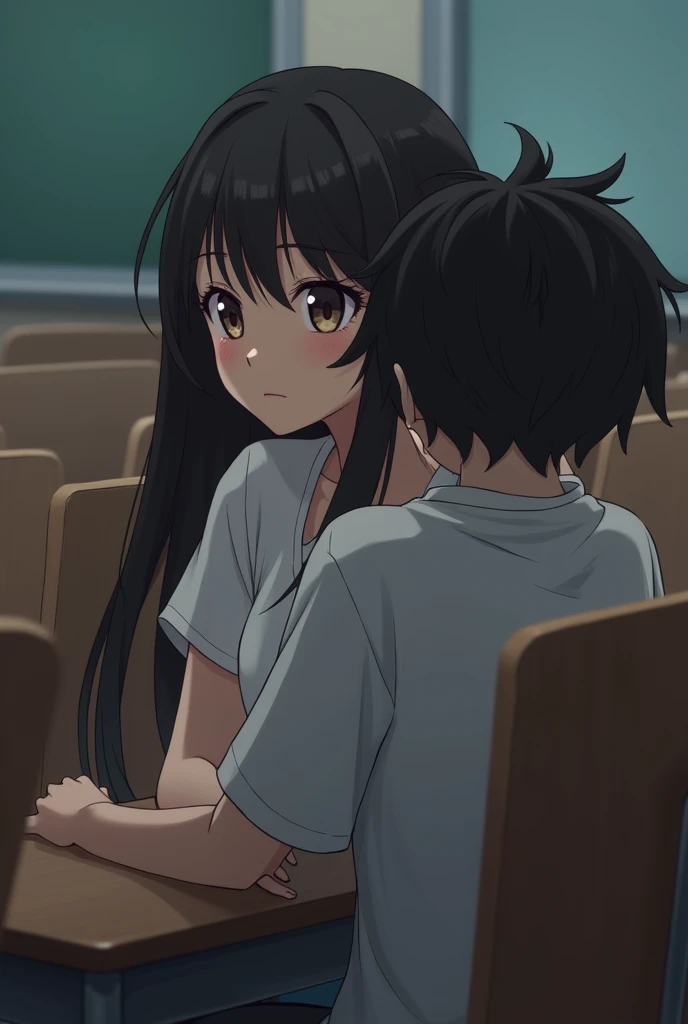 A pretty girl sitting on the chair in front row ahead of a boy on the right side , boy has crush on that girl , he is looking towards her from the back , he is looking in such a way that she cant realize , placing his head on underlying forearms