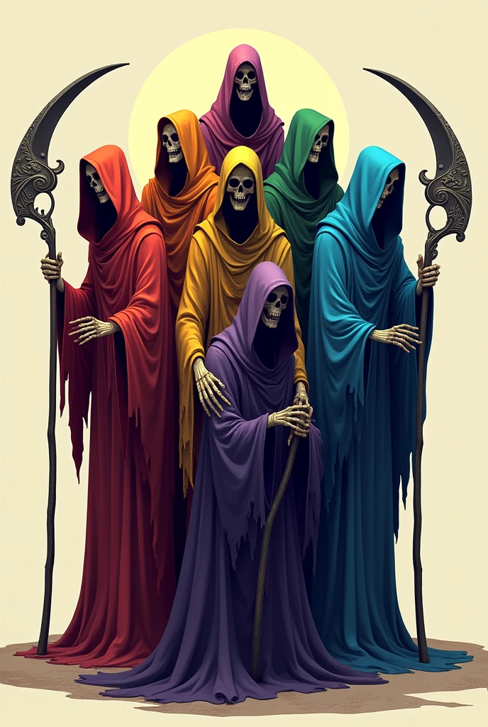 Eight different colored reapers in 2D mode without background, each one stacking a sickle