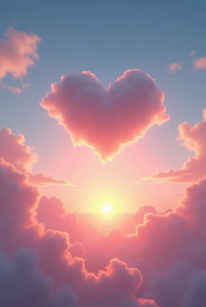 A serene sunset sky with a single heart-shaped cloud softly illuminated by the fading light. The sky transitions from deep blue at the top to warm pink and orange hues near the horizon.4k