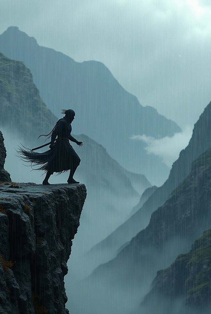 ninja fighting in rain on a cliff of a mountain 