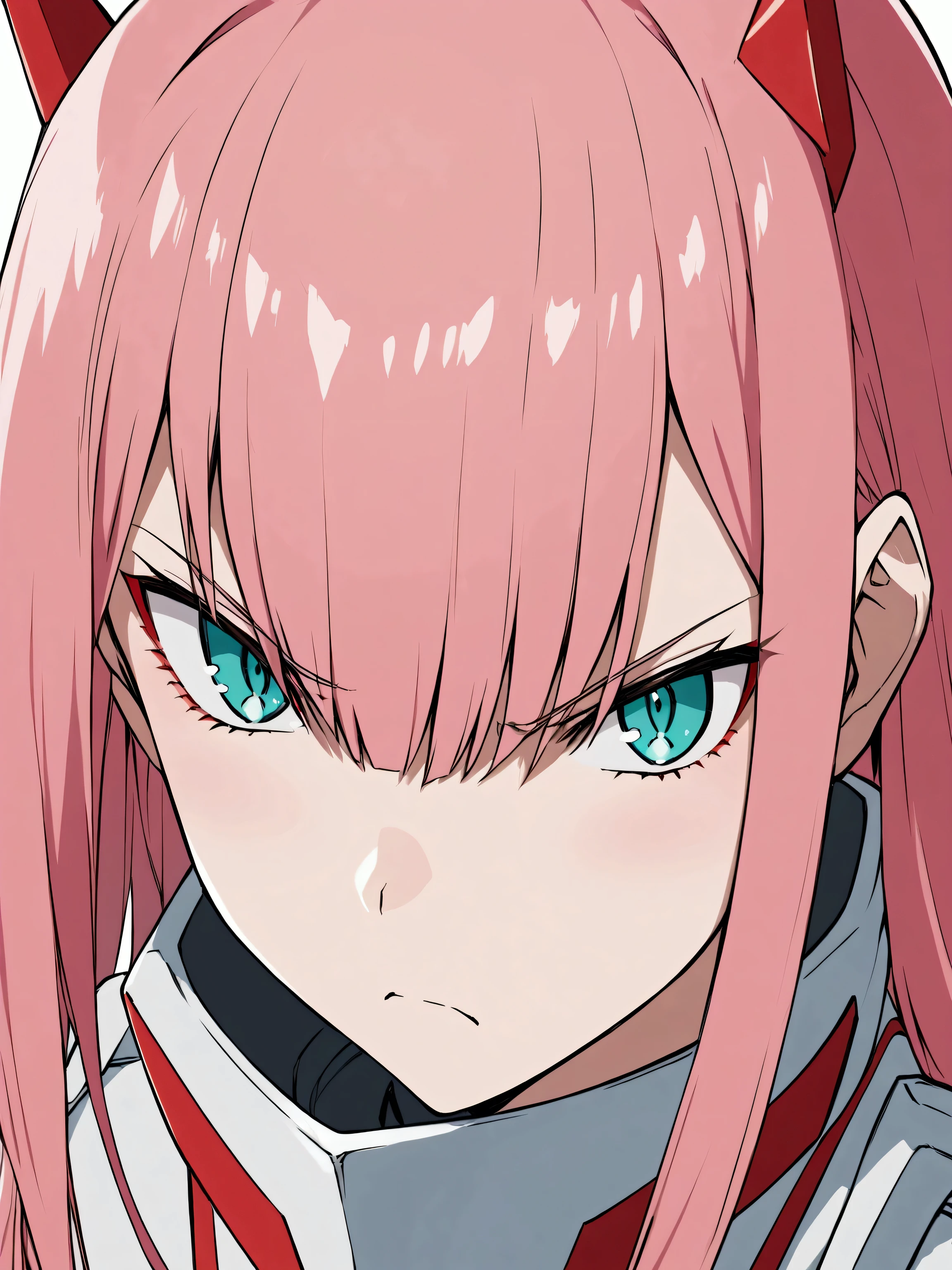 zero two from Darling in the Franxx, angry pose, head shot, aqua eyes, 