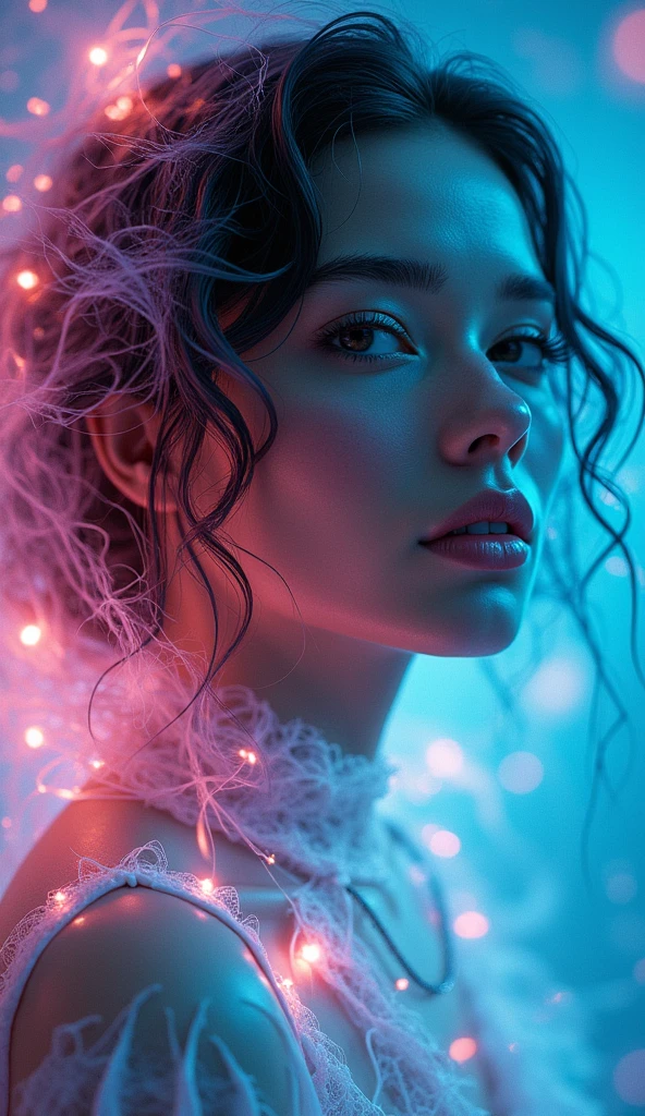 Mezmerizing, otherworldly portrait of a striking female figure surrounded by a pulsing, neon-infused energy field, with vibrant, ethereal hair cascading around her face, highlighting her serene yet captivating expression, captured in a dreamlike, futuristic setting that blends organic and technological elements, highly detailed, cinematic, digital art."
The image presents a captivating, visionary depiction of a striking female figure immersed in a pulsing, neon-infused energy field. Her vibrant, ethereal hair frames her serene yet captivating expression, drawing the viewer's attention to the intricate details of her features. The dreamlike, futuristic setting blends organic and technological elements, creating a mesmerizing, otherworldly environment that enhances the sense of wonder and imagination. The cinematic quality and the high level of detail in the digital art result in a truly immersive and visually striking scene.