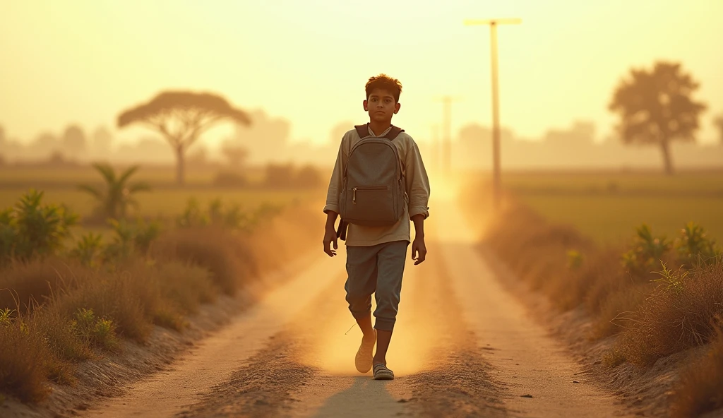 Long Walk to City School:** Arjun is depicted walking along a dusty path through fields, carrying a small bag on his back. The scene emphasizes his determination as he walks 10 kilometers to the city school, without a bicycle.

