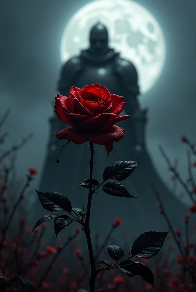 Background: A deep, ominous night sky with a large, full moon casting a cold, silvery light.

A single, large, dark red rose in the foreground, with petals that gradually turn black at the edges.

Dark, almost black streaks of blood flowing from the rose, blending into the background, giving an impression of coldness and darkness.

The moon is high and prominent in the sky, illuminating the scene with a soft, eerie glow.

A shadowy, armored figure, possibly holding a sword or a weapon, standing in the background or partially emerging from the darkness, symbolizing the coming war.