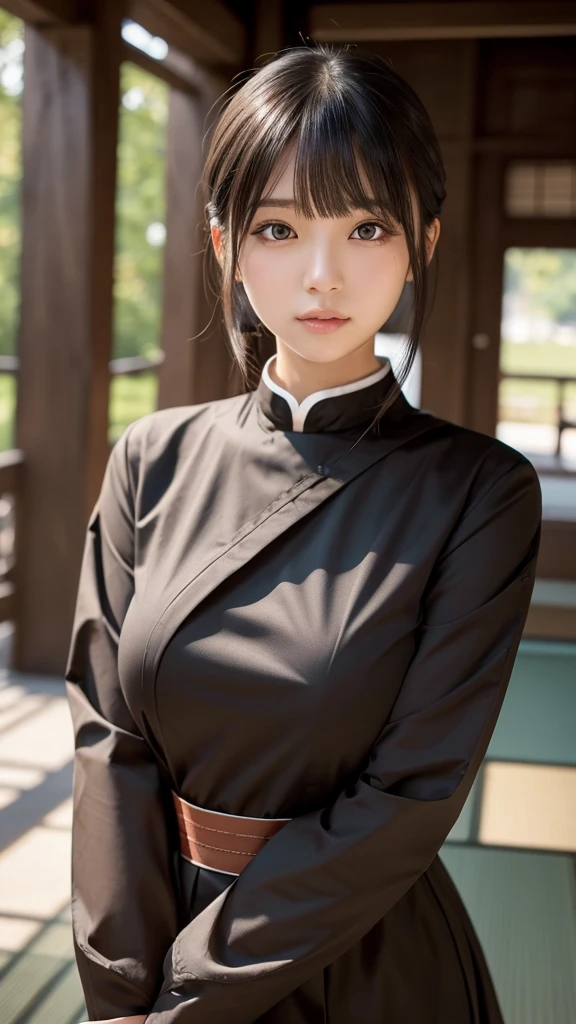 1 girl, Slim girl, Japanese,mesh,Black Hair,Beautiful brown eyes,Thin droopy eyes,Thick lips,Large Breasts, Monastic uniform,Shortcuts, Bangs,