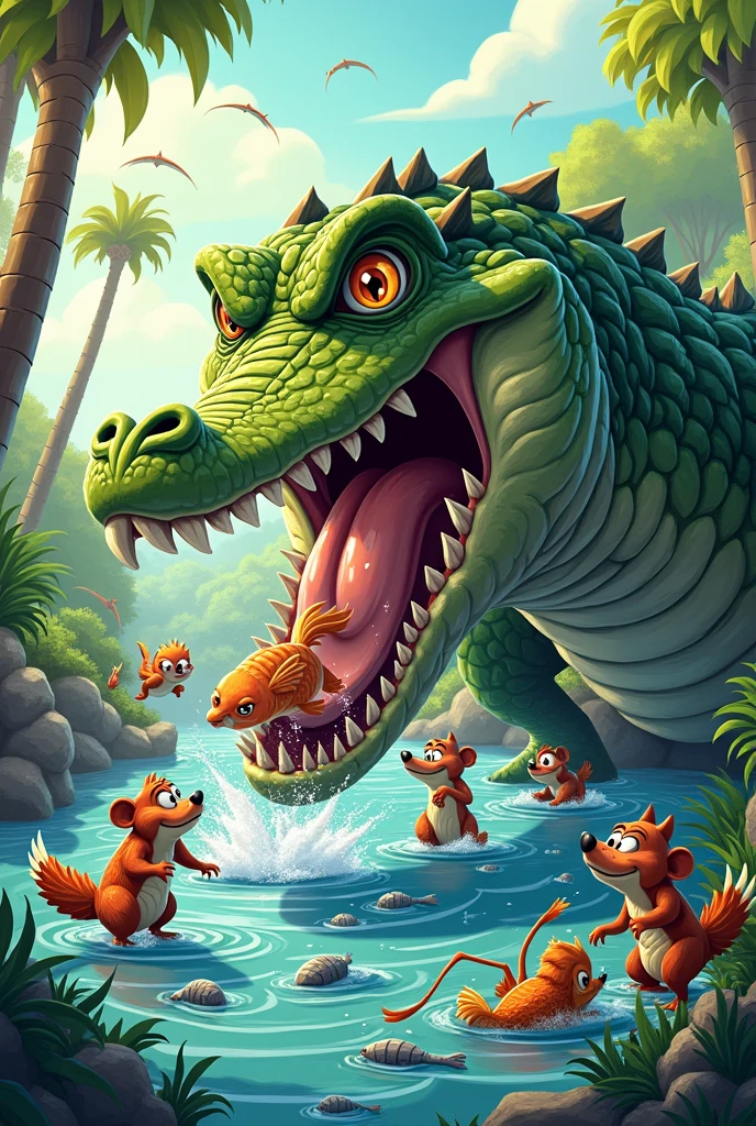 A big crocodile Snatching fishes to other animals in 2d cartoon