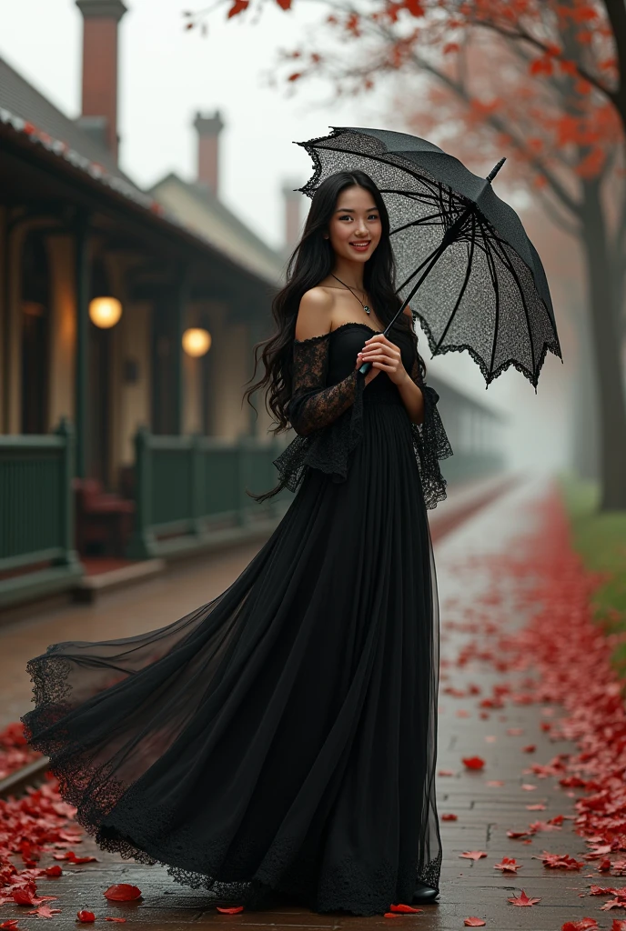 a beautiful adult girl, with black hair, was alone smiling, wearing a long Dutch noni dress like black flowing water, wearing beautiful lace with umbrella sleeves and lacy shoes, while at the train station, a classic and antique heritage from England, there was a chimney. thick, while holding a lacy patterned umbrella, there are trees around it with red fallen leaves, and many are scattered on the ground or floor while smiling