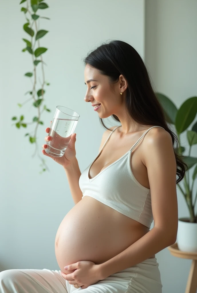 Pregnant woman drinking purified water with logo "Sahuayo"