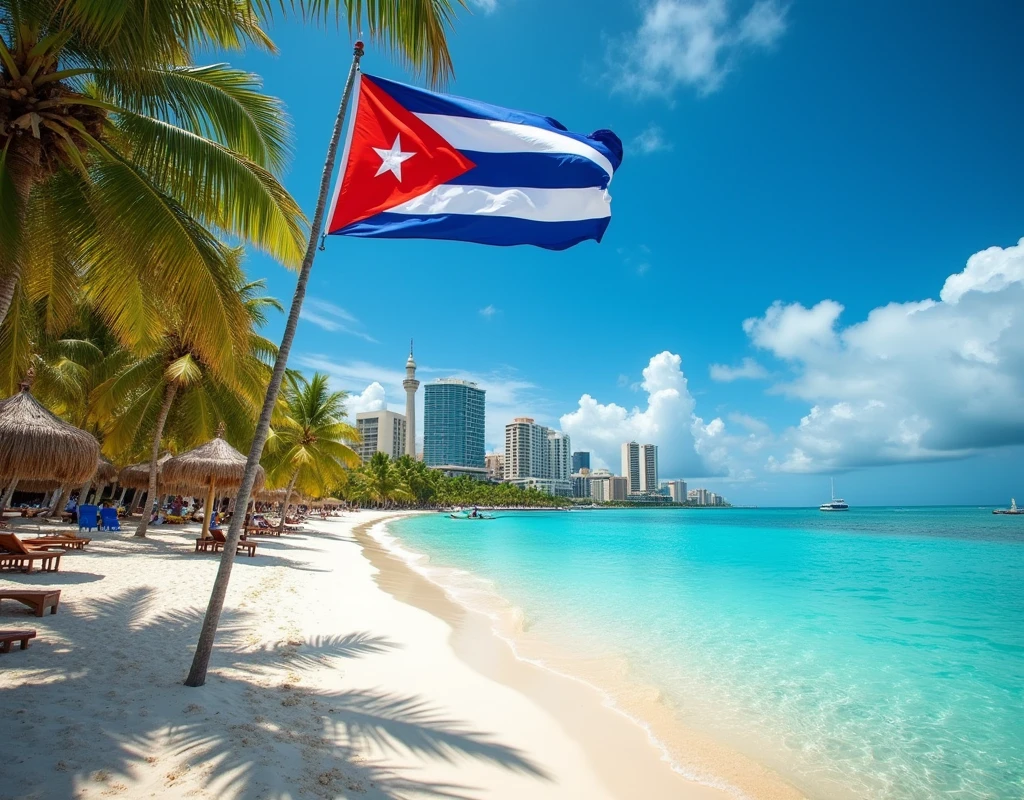 Make an image showing the Caribbean beaches of Cuba plus what stands out the most in the country and the flag in the background. It is better if it is a beach next to a city or Havana and that you can see a lot of Cuba.