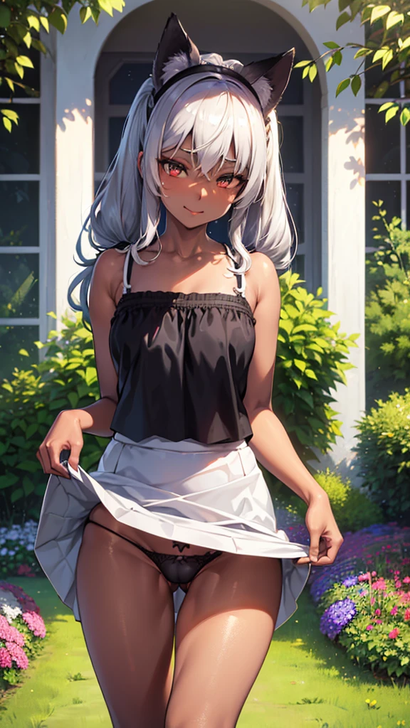 （dark skin,Silver Hair,Fox Girl）,(Perfectly detailed face),(Young),twintails ,(camisole,mini skirt),(((skirt lift))), (((Black underwear))),cameltoe,garden,noon,sweaty,Smirk,High resolution, masterpiece, Highest quality, High resolution, Cowboy Shot
