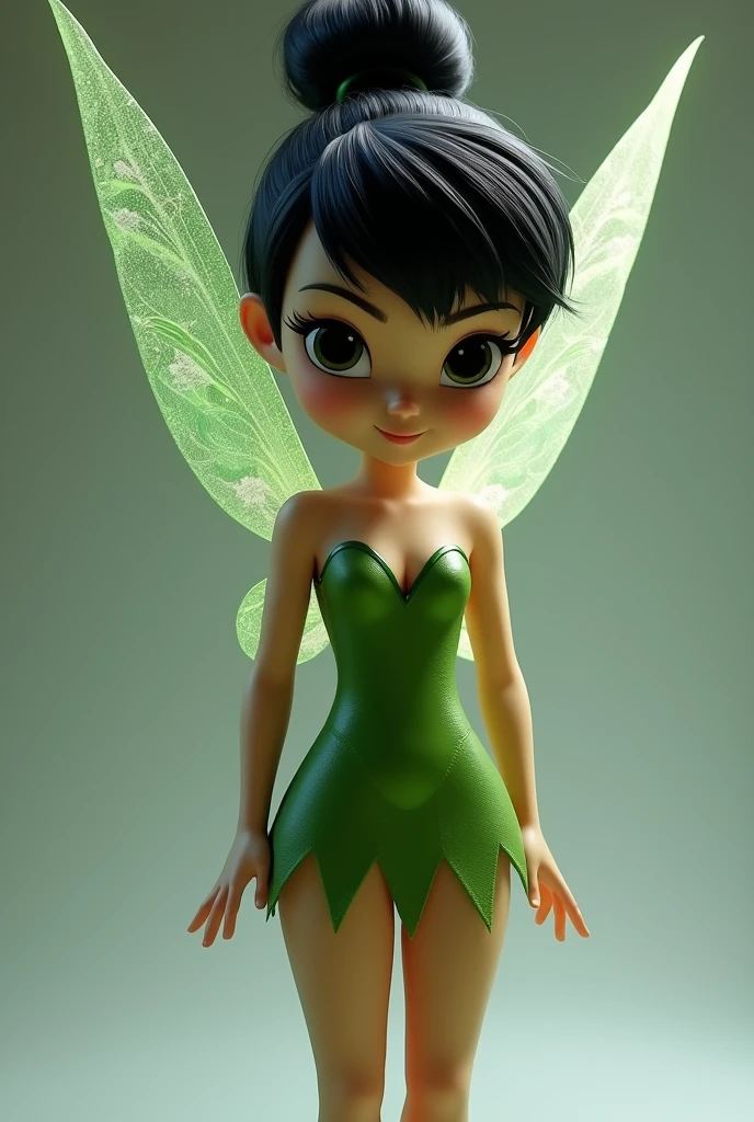 pixar image, Tinkerbell just like the Disney original, but with black hair, eyes black, light black skin color, original green clothes , hair tied up like real hair, cloused mouth, image showing Tinkerbell&#39;s entire body from head to toe, looking forward, withe wings 