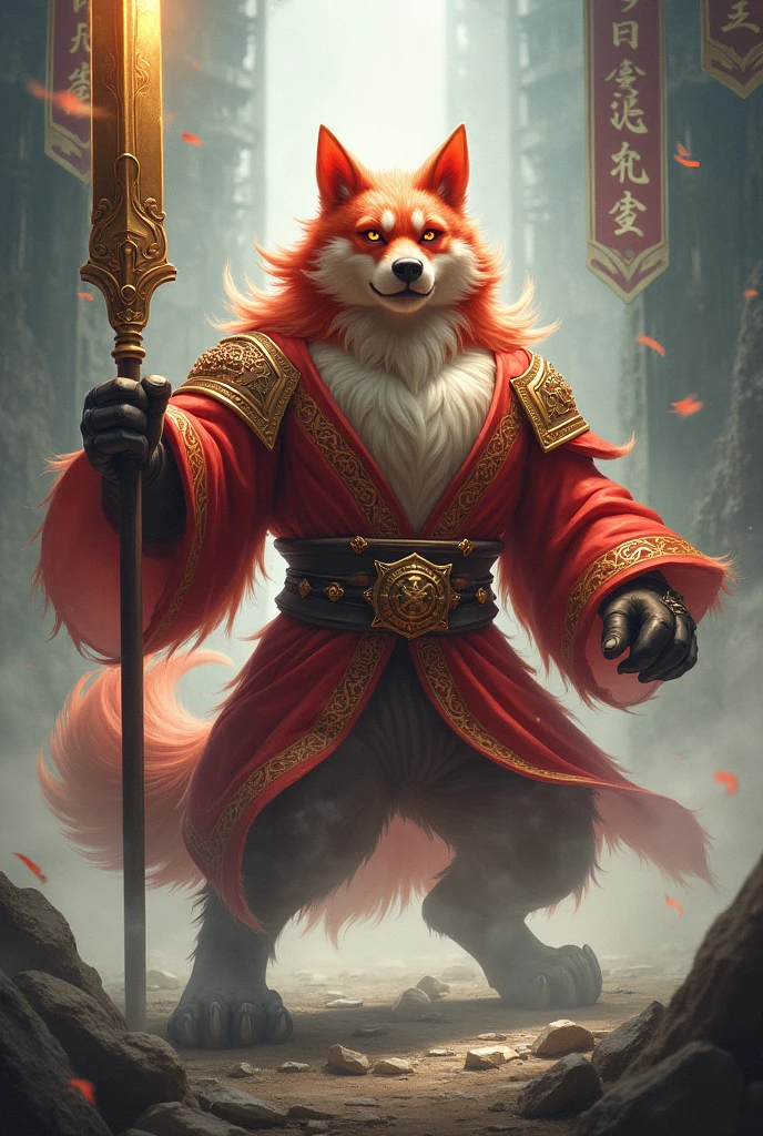A Guejae Gae dog. Wearing a Red and gold robe. Doing a fighting pose with a bladed staff.