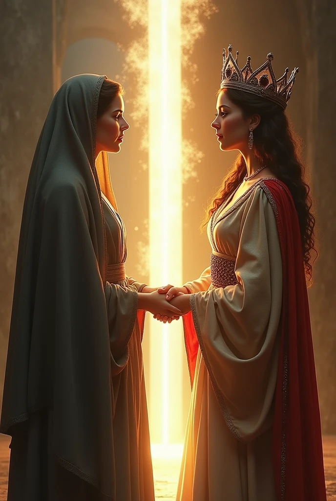 An image showing a woman in two distinct stages: On the left side, a simple and discreet young woman, representing Hadassah, in a darker or neutral environment. on the right side, the same woman, now transformed, with a crown and dressed like a queen, representing Esther, in a bright and majestic setting. in the middle of the image, a beam of light or a soft glow can symbolize transition and God's timing.