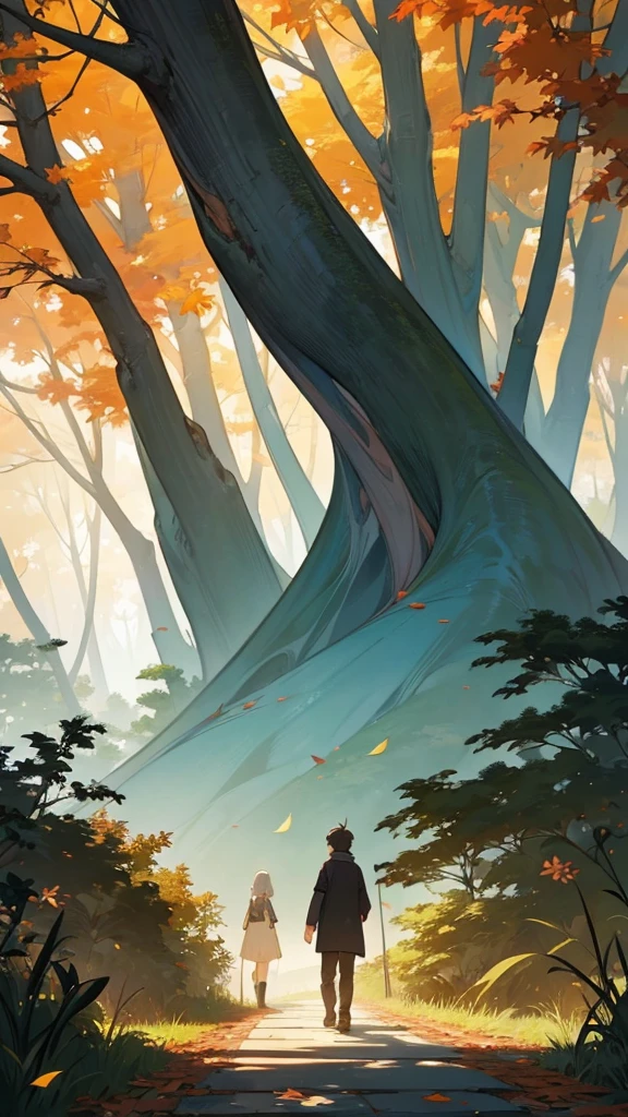 1. **Forest Scene with Two Diverging Paths:**
- Create a dense forest setting with tall trees and thick foliage. In the center, draw two distinct paths diverging from a single point. One path should be overgrown with dense vegetation, making it look less frequently traveled. The other path should appear clearer, with a visible, well-trodden trail, suggesting it is more commonly used.
2. **Man Standing at the Center:**
- Position a person at the exact point where the paths split. The figure should be depicted in a contemplative pose, perhaps standing with one hand resting on their chin or holding a walking stick. Their body language should reflect hesitation or deep thought, as they assess their choices. You could have the figure looking down each path or with one foot slightly extended towards the less traveled route.
3. **Autumn Setting:**
- Illustrate the scene in autumn to emphasize change and reflection. Add vibrant fall colors to the leaves on the trees—shades of red, orange, and yellow. Scatter some fallen leaves on the ground to create a sense of transition and the passage of time. The autumn setting enhances the theme of making significant life decisions.
4. **Details to Enhance the Theme:**
- **Sunlight:** Show sunlight filtering through the tree canopy, casting a soft, dappled light on both paths. This symbolizes the potential and opportunity each choice holds.
- **Path Ends:** Include a hint of the paths’ destinations in the distance, but keep them ambiguous. Perhaps show the paths fading into a misty horizon or through the trees, representing the uncertainty of the outcomes.
- **Surroundings:** Add subtle elements like distant bird silhouettes or a soft breeze indicated by swaying branches to bring the scene to life and add depth.
The detailed visual should evoke a sense of contemplation and the significance of choosing between different life paths..