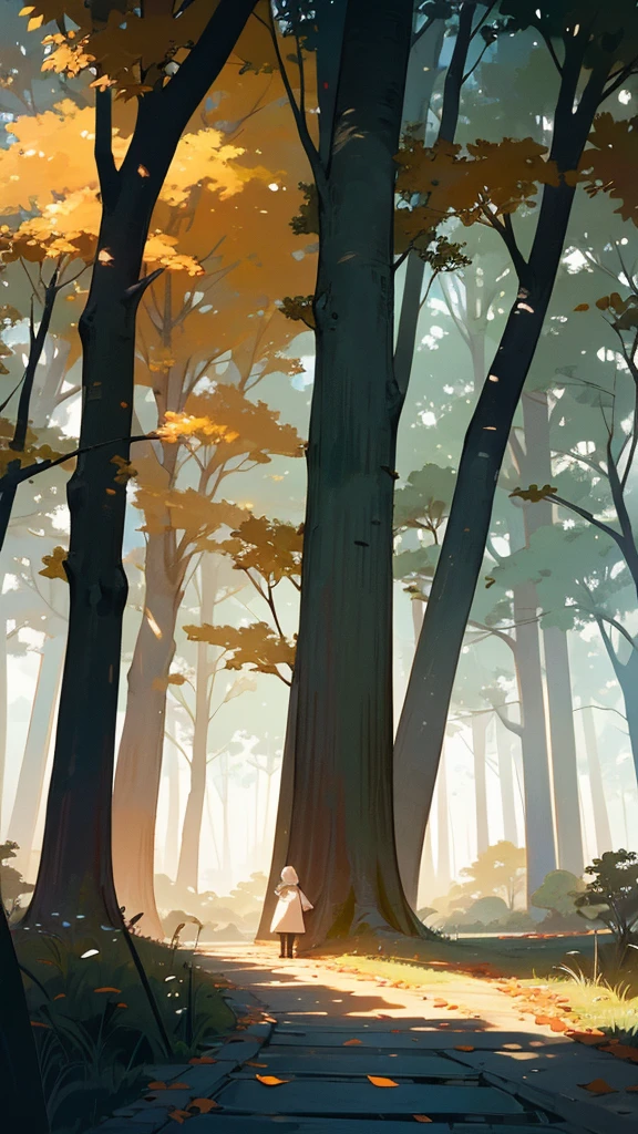 1. **Forest Scene with Two Diverging Paths:**
- Create a dense forest setting with tall trees and thick foliage. In the center, draw two distinct paths diverging from a single point. One path should be overgrown with dense vegetation, making it look less frequently traveled. The other path should appear clearer, with a visible, well-trodden trail, suggesting it is more commonly used.
2. **Man Standing at the Center:**
- Position a person at the exact point where the paths split. The figure should be depicted in a contemplative pose, perhaps standing with one hand resting on their chin or holding a walking stick. Their body language should reflect hesitation or deep thought, as they assess their choices. You could have the figure looking down each path or with one foot slightly extended towards the less traveled route.
3. **Autumn Setting:**
- Illustrate the scene in autumn to emphasize change and reflection. Add vibrant fall colors to the leaves on the trees—shades of red, orange, and yellow. Scatter some fallen leaves on the ground to create a sense of transition and the passage of time. The autumn setting enhances the theme of making significant life decisions.
4. **Details to Enhance the Theme:**
- **Sunlight:** Show sunlight filtering through the tree canopy, casting a soft, dappled light on both paths. This symbolizes the potential and opportunity each choice holds.
- **Path Ends:** Include a hint of the paths’ destinations in the distance, but keep them ambiguous. Perhaps show the paths fading into a misty horizon or through the trees, representing the uncertainty of the outcomes.
- **Surroundings:** Add subtle elements like distant bird silhouettes or a soft breeze indicated by swaying branches to bring the scene to life and add depth.
The detailed visual should evoke a sense of contemplation and the significance of choosing between different life paths..