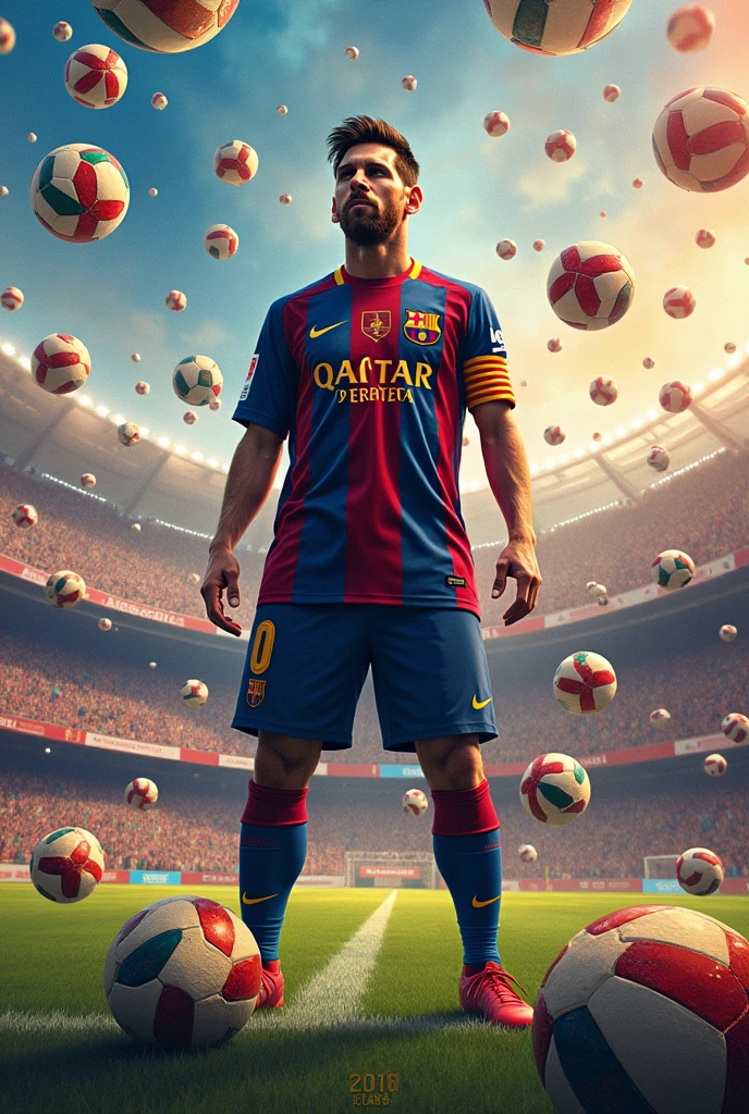 Messi as a football king with a lot of football. Football must be colourful 