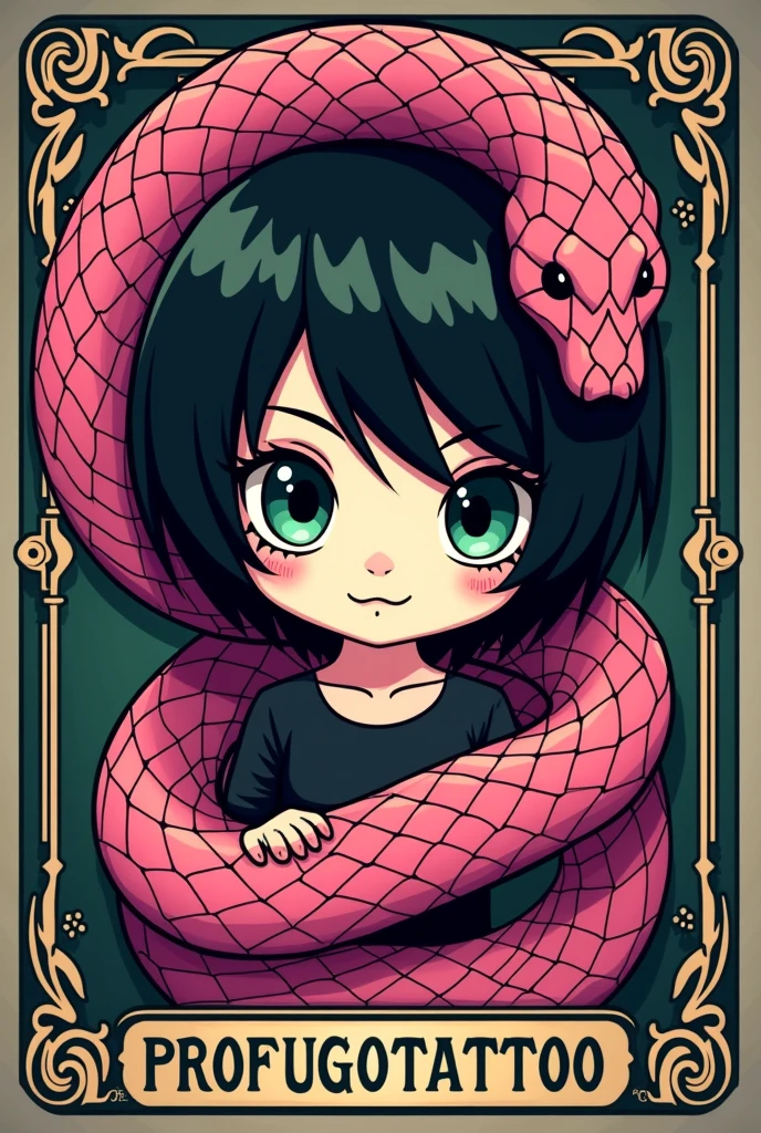 Logo for a business that has the word Profugotattoo with a cartoon of black hair and green eyes surrounded by a full pink snake on a tarot card