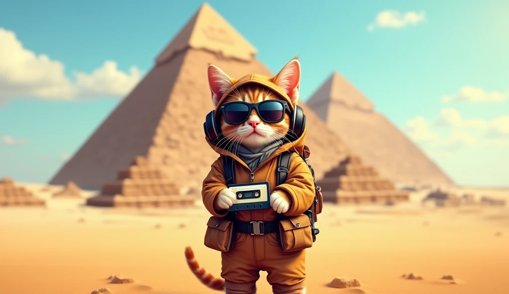 1920x1080 16:9 Perfect Centering, Cute kitten, Wear the expedition uniform, Wear sunglasses, Wearing headphones and holding a cassette tape, Standing position, Abstract Beauty, Centered, Looking into the camera, To the camera, Near perfect, dynamic, In front of the Pyramids in Cairo、Very detailed, Digital Painting, artステーション, コンセプトart, Smooth, Sharp focus, 8k, High resolution, shape, art:Karn Griffiths and Vadim Kashin, world heritage