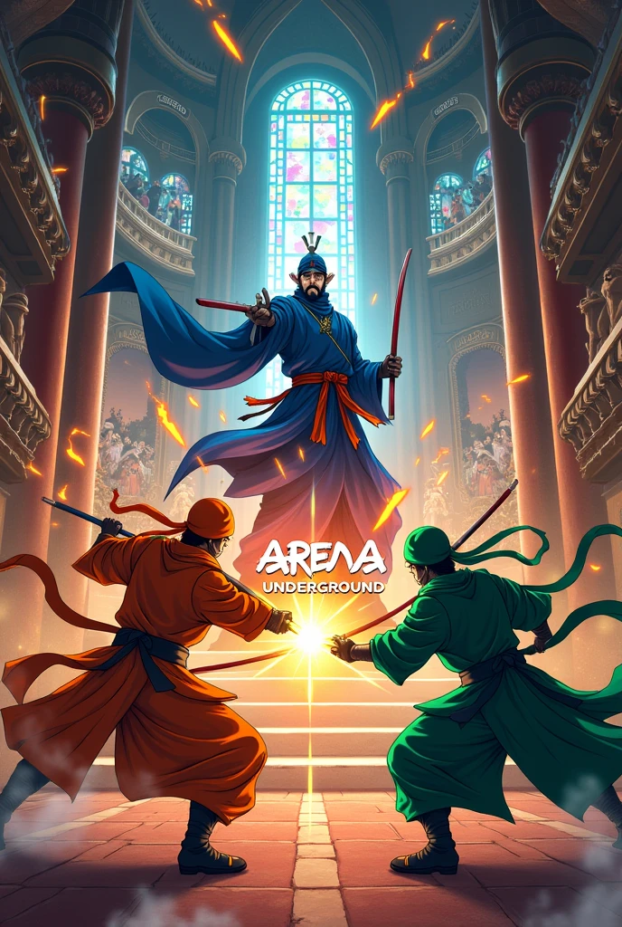 make a picture of two ninja clans of different colors fighting in a temple, based on the color orange, green and blue. . all with anime-like drawing style. and in the middle of the image with modern letters and lights, put the words Arena Underground. can make it look like a tournament is going on, with people watching and an emperor in the middle looking
