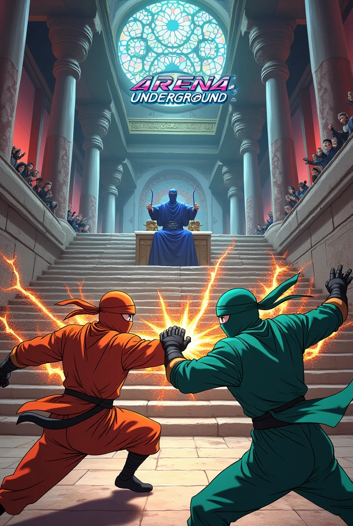 make a picture of two ninja clans of different colors fighting in a temple, based on the color orange, green and blue. . all with anime-like drawing style. and in the middle of the image with modern letters and lights, put the words Arena Underground. can make it look like a tournament is going on, with people watching and an emperor in the middle looking