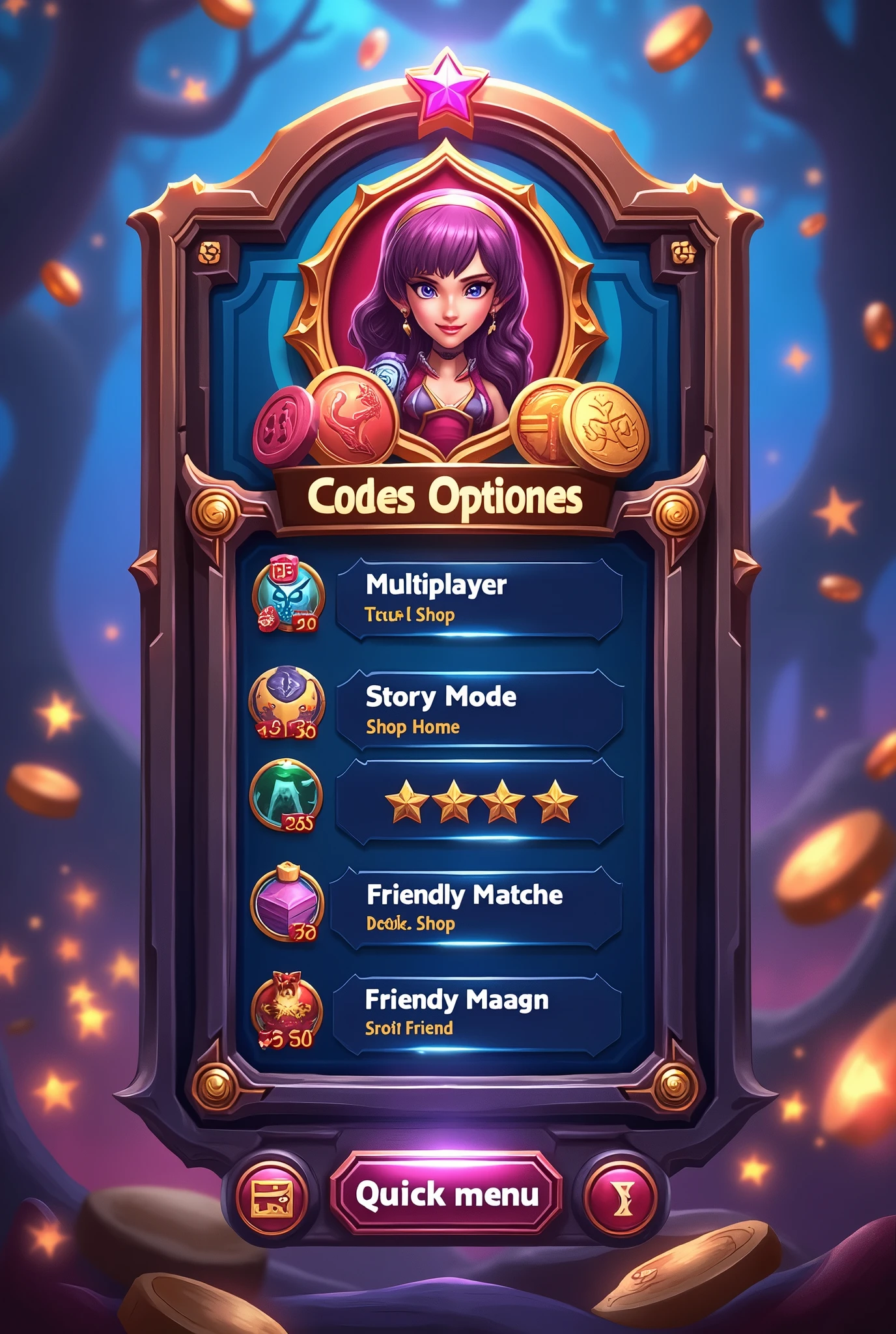 Card game interface that contains the player's avatar, coin balance, position on the leaderboard, rating points. Below is the player menu Multiplayer, story mode, Friendly matches. At the bottom of the screen there is a quick menu with basic functions. Deck, shop, home, quick match, Friends. Interface image in vertical design.
