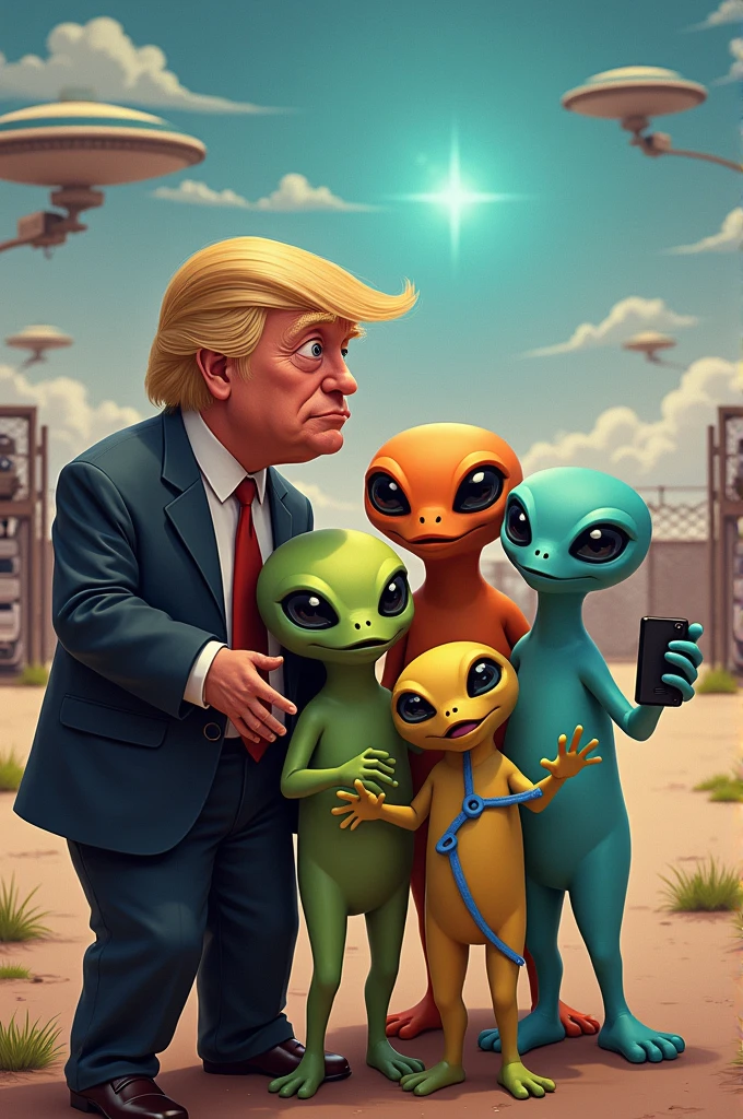 Four Cute aliens taking a selfie with Donald Trump at Area 51
