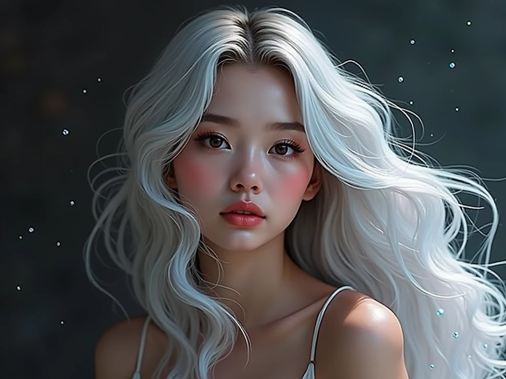 bright diffuse lighting on hair, bokeh background, white colored brows and eye lashes, one facial feature slurs into the next, firm and milky lips, silky iridescent hair, softer younger facial features, less ridges, teen girl,