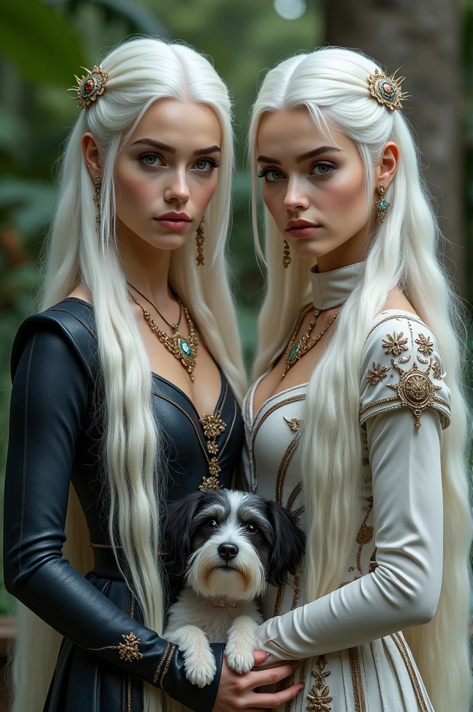 A Game of Thrones image of two women with white Targerian hair with two little dogs, one small white and black, the other grey, a snauzer type