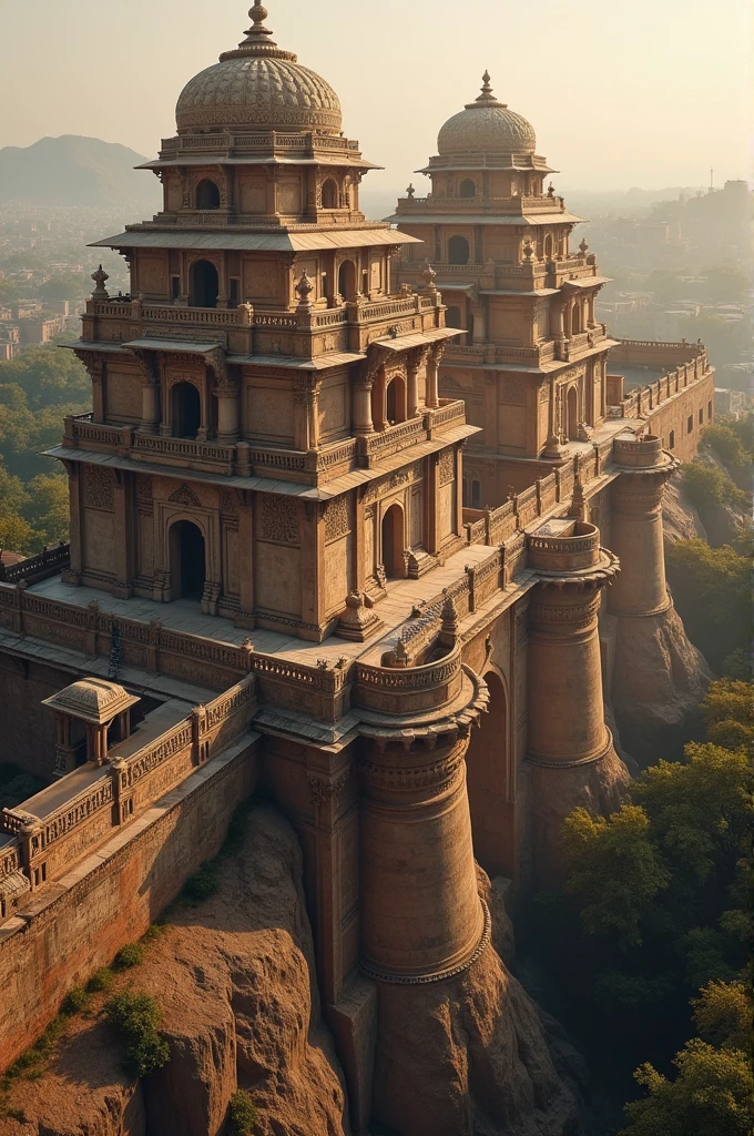 A vast aerial view of the historic Chittorgarh Fort, with its towering walls and intricate architecture, showing the grandeur attributed to Rana Kumbha's construction.